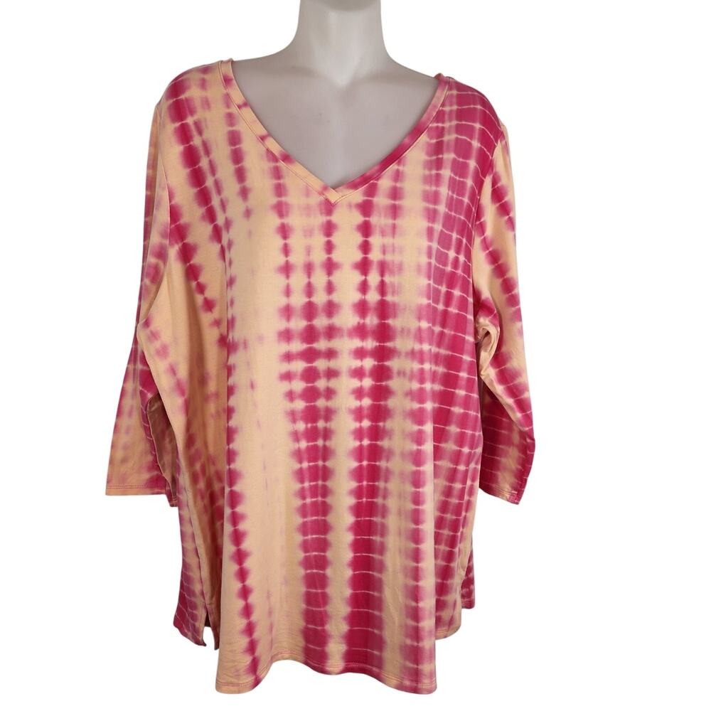Belle by Kim Gravel TripleLuxe Knit Tie Dye V Neck Top Sherbert Peach Pink XL